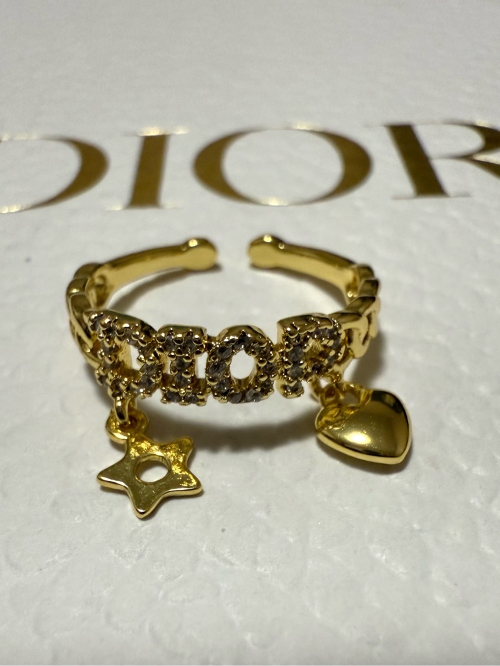 Gold Crystal D Ring with Heart and Star Charms
